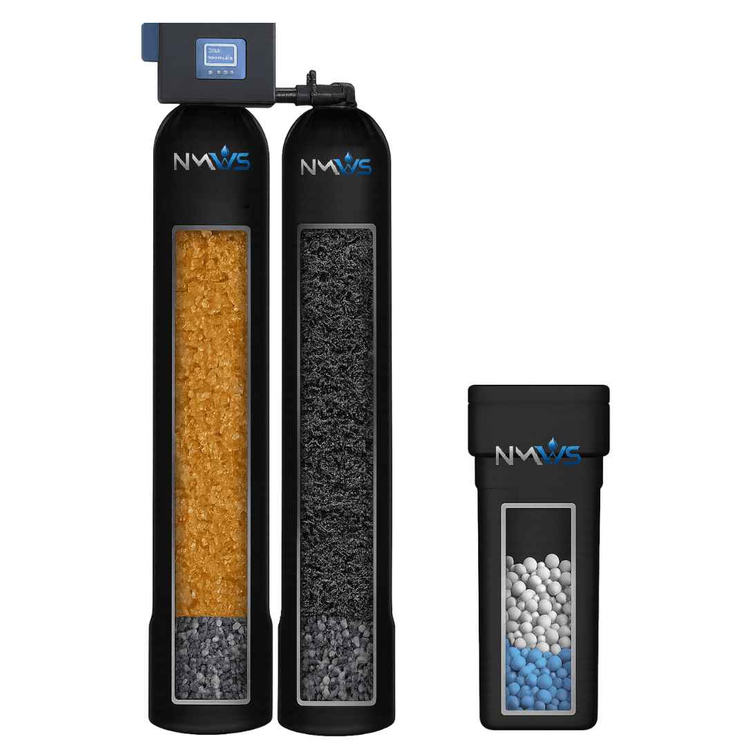 NMWS dual tank well water system - two branded media tanks with brine tank