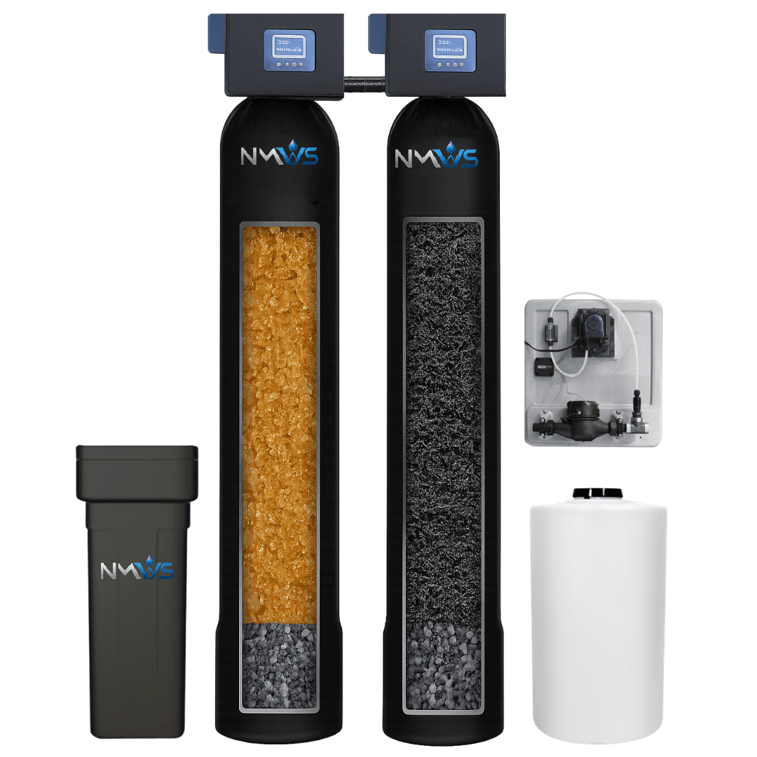 New Mexico Water Solutions dual tank well water system - two branded media tanks with brine tank