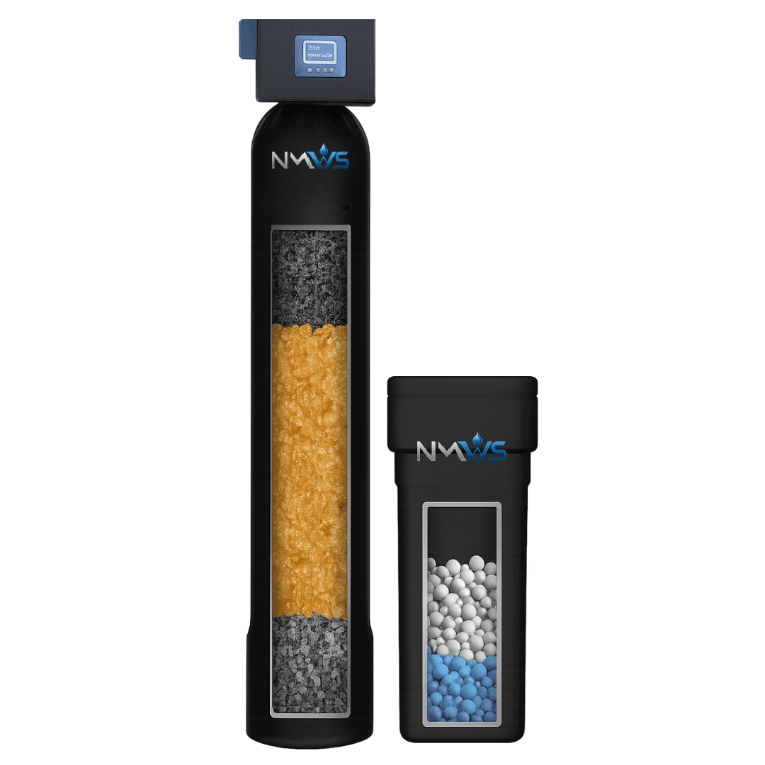 A New Mexico Water Solutions whole-home softener and filtration tank with its brine tank